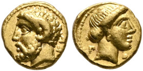KYRENAICA. Kyrene. Ophellas, Ptolemaic Governor, second reign, 312-308 BC. 1/10 Stater (Gold, 6 mm, 0.84 g, 9 h), Attic standard. Polianthes, magistra...
