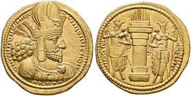 SASANIAN KINGS. Shapur I, 240-272. Dinar (Gold, 21 mm, 7.48 g, 3 h), mint I (‘Ktesiphon’). Diademed and draped bust of Shapur I to right, wearing mura...