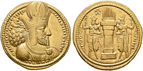 SASANIAN KINGS. Shapur I, 240-272. Dinar (Gold, 20 mm, 7.36 g, 3 h), mint I (‘Ktesiphon’). Diademed and draped bust of Shapur I to right, wearing mura...