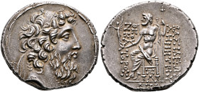 SELEUKID KINGS. Demetrios II Nikator, second reign, 129-126/5 BC. Tetradrachm (Silver, 30 mm, 16.79 g, 1 h), Damaskos, SE 184 = 129/8. Diademed and be...
