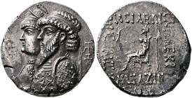 KINGS OF ELYMAIS. Kamnaskires III, with Anzaze, circa 82/1-73/2 BC. Tetradrachm (Silver, 27 mm, 15.78 g, 12 h), Seleukeia on the Hedyphon, SE 233 = 80...