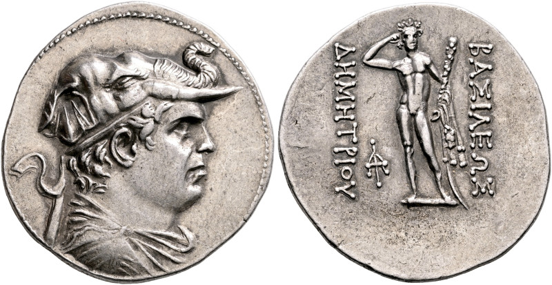 BAKTRIA, Greco-Baktrian Kingdom. Demetrios I, circa 200-185 BC. Tetradrachm (Sil...