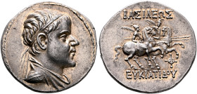 BAKTRIA, Greco-Baktrian Kingdom. Eukratides I, circa 170-145 BC. Tetradrachm (Silver, 31 mm, 17.00 g, 12 h), Baktra, circa 170-162. Diademed and drape...