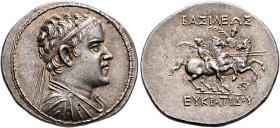BAKTRIA, Greco-Baktrian Kingdom. Eukratides I, circa 170-145 BC. Tetradrachm (Silver, 33 mm, 17.00 g, 12 h), Baktra, circa 170-162. Diademed and drape...