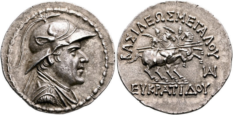 BAKTRIA, Greco-Baktrian Kingdom. Eukratides I, circa 170-145 BC. Tetradrachm (Si...
