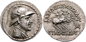 BAKTRIA, Greco-Baktrian Kingdom. Eukratides I, circa 170-145 BC. Tetradrachm (Silver, 33 mm, 17.00 g, 12 h), Baktra or an uncertain mint in the Paropa...