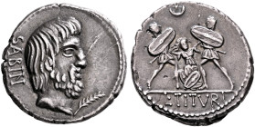 L. Titurius L.f. Sabinus, 89 BC. Denarius (Silver, 18 mm, 3.98 g, 4 h), Rome. SABIN Bare-headed and bearded head of King Titus Tatius to right; in low...