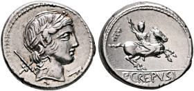 Pub. Crepusius, 82 BC. Denarius (Silver, 19 mm, 4.11 g, 5 h), Rome. Laureate head of Apollo to right; behind, scepter and T; below chin, uncertain sym...