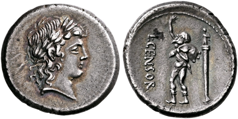 L. Censorinus, 82 BC. Denarius (Silver, 20 mm, 3.74 g, 4 h), Rome. Laureate head...