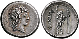 L. Censorinus, 82 BC. Denarius (Silver, 20 mm, 3.74 g, 4 h), Rome. Laureate head of Apollo to right. Rev. L•CENSOR Marsyas, bald-headed, standing to l...