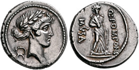 Q. Pomponius Musa, 56 BC. Denarius (Silver, 18 mm, 4.07 g, 3 h), Rome. Laureate head of Apollo to right; to left, wreath. Rev. Q•POMPONI / MVSA Polyhy...
