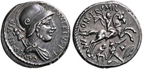 P. Fonteius P.f. Capito, 55 BC. Denarius (Silver, 18 mm, 3.77 g, 12 h), Rome. P•FONTEIVS•P•F CAPITO•III•VIR Helmeted and draped bust of Mars to right,...