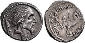 L. Hostilius Saserna, 48 BC. Denarius (Silver, 19 mm, 3.97 g, 2 h), Rome. Draped male bust (Vercingetorix?) with wild hair and long plaited beard to r...