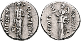 Q. Caecilius Metellus Pius Scipio, 47-46 BC. Denarius (Silver, 17 mm, 3.88 g, 8 h), with P. Licinius Crassus Junianus, Utica. Q•METEL•PIVS / SCIPIO•IM...