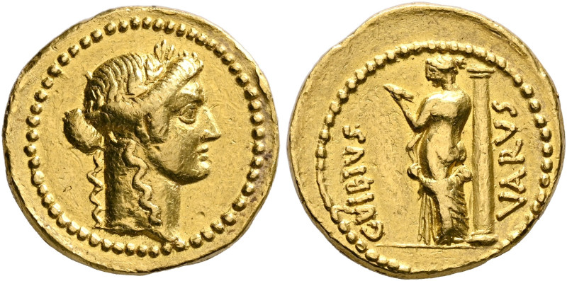 C. Vibius Varus, 42 BC. Aureus (Gold, 20 mm, 8.02 g, 8 h), Rome. Laureate head o...
