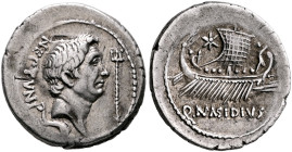 Sextus Pompey, 43-35 BC. Denarius (Silver, 19 mm, 3.97 g, 1 h), Q. Nasidius, commander of the fleet. Massalia, 42-38. NEPTVNI Bare head of Pompey the ...