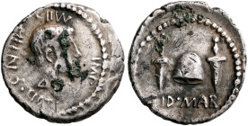 Brutus, 43-42 BC. Denarius (Subaeratus, 19 mm, 2.85 g, 11 h), a contemporary imitation from an irregular mint, after 42. CNII [.] CIIW IMP / •CIST Bar...