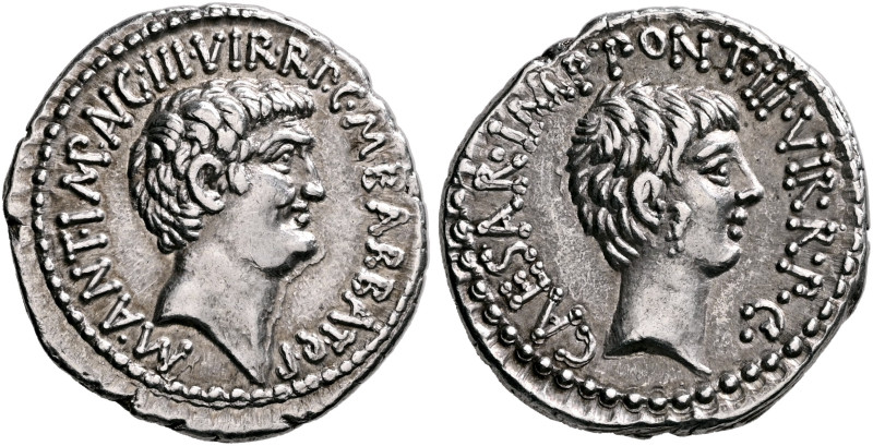 Mark Antony and Octavian. Denarius (Silver, 20 mm, 3.90 g, 12 h), with M. Barbat...