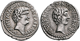 Mark Antony and Octavian. Denarius (Silver, 20 mm, 3.90 g, 12 h), with M. Barbatius, quaestor pro praetore. Ephesus (?), 41 BC. M•ANT•I MP •AV G III•V...
