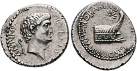 Mark Antony, 44-30 BC. Denarius (Silver, 20 mm, 3.68 g, 11 h), with Cn. Domitius Ahenobarbus, mint moving with Antony (Corcyra?), summer 40. ANT•IMP• ...
