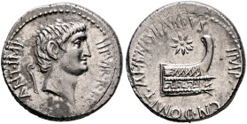 Mark Antony, 44-30 BC. Denarius (Silver, 19 mm, 3.74 g, 9 h), with Cn. Domitius Ahenobarbus, mint moving with Antony (Corcyra?), 40. ANT IMP III•VIR R...