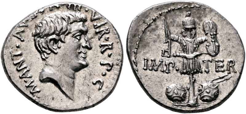 Mark Antony, 44-30 BC. Denarius (Silver, 20 mm, 3.87 g, 5 h), military mint movi...