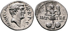 Mark Antony, 44-30 BC. Denarius (Silver, 20 mm, 3.87 g, 5 h), military mint moving with Mark Antony in northern Syria, late summer-autumn 38. M•ANT•AV...