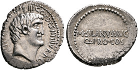 Mark Antony, 44-30 BC. Denarius (Silver, 22 mm, 3.85 g, 3 h), with M. Junius Silanus, quaestor pro consule. Military mint moving with Antony, probably...