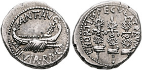 Mark Antony, 44-30 BC. Denarius (Silver, 18 mm, 3.86 g, 6 h), military mint moving with Mark Antony (Patrae?), 32-31. ANT•AVG• - III•VIR•R•P•C Galley ...