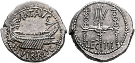 Mark Antony, 44-30 BC. Denarius (Silver, 17 mm, 3.80 g, 6 h), military mint moving with Mark Antony (Patrae?), 32-31. ANT AVG - III VIR•R•P•C• Galley ...