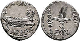 Mark Antony, 44-30 BC. Denarius (Silver, 17 mm, 3.82 g, 6 h), military mint moving with Mark Antony (Patrae?), 32-31. ANT AVG - III VIR•R•P•C Galley r...