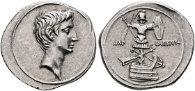 Octavian, 44-27 BC. Denarius (Silver, 21 mm, 3.56 g, 1 h), uncertain Italian mint (Rome?), autumn 30-summer 29. Bare head of Octavian to right. Rev. I...