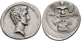 Octavian, 44-27 BC. Denarius (Silver, 22 mm, 3.74 g, 10 h), uncertain Italian mint (Rome?), autumn 30-summer 29. Bare head of Octavian to right. Rev. ...