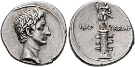 Octavian, 44-27 BC. Denarius (Silver, 19 mm, 3.86 g, 5 h), uncertain mint in Italy (Rome?), autumn 30-summer 29. Laureate head of Octavian to right. R...