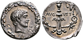 Augustus, 27 BC-AD 14. Denarius (Silver, 18 mm, 3.69 g, 6 h), uncertain mint in Pannonia (?), circa 12 BC. CA-ES-AR• Youthful bare head of Augustus to...