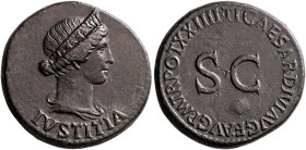 Julia Augusta (Livia), Augusta, 14-29. Dupondius (Orichalcum, 28 mm, 15.37 g, 6 h), Rome, struck under Tiberius, 22-23. IVSTITIA Diademed and draped b...