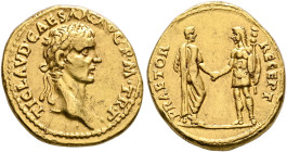Claudius, 41-54. Aureus (Gold, 20 mm, 7.82 g, 7 h), Lugdunum, 41-42. TI CLAVD•CAESAR•AVG•P•M•TR•P• Head of Claudius to right, wearing oak wreath. Rev....