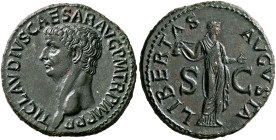 Claudius, 41-54. As (Copper, 30 mm, 11.84 g, 6 h), Rome, 42-43. TI CLAVDIVS CAESAR AVG P M TR P IMP P P Bare head of Claudius to left. Rev. LIBERTAS A...