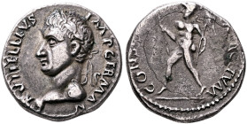 Vitellius, as Imperator. 2 January-18 July 69. Denarius (Subaeratus, 17 mm, 3.05 g, 6 h), uncertain mint in the Rhine Valley. 'Plated Jupiter-Vesta Gr...