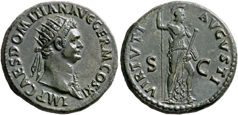 Domitian, 81-96. Dupondius (Orichalcum, 28 mm, 13.40 g, 6 h), Rome, 85. IMP CAES...