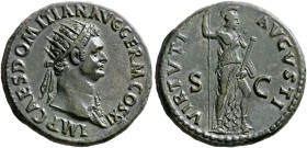 Domitian, 81-96. Dupondius (Orichalcum, 28 mm, 13.40 g, 6 h), Rome, 85. IMP CAES DOMITIAN AVG GERM COS XI Radiate head of Domitian to right, wearing a...