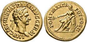 Trajan, 98-117. Aureus (Gold, 19 mm, 7.62 g, 6 h), Rome, 98. IMP CAES NERVA TRAIAN AVG GERM Laureate head of Trajan to right. Rev. PONT MAX TR POT COS...