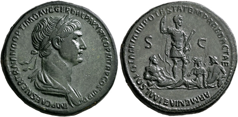 Trajan, 98-117. Sestertius (Orichalcum, 35 mm, 26.35 g, 6 h), Rome, 116-117. IMP...