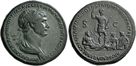 Trajan, 98-117. Sestertius (Orichalcum, 35 mm, 26.35 g, 6 h), Rome, 116-117. IMP CAES NER TRAIANO OPTIMO AVG GER DAC PARTHICO P M TR P COS VI P P Laur...