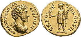 Marcus Aurelius, as Caesar, 139-161. Aureus (Gold, 20 mm, 7.28 g, 6 h), Rome, 154-155. AVRELIVS CAESAR AVG PII FIL Bare-headed, draped and cuirassed b...