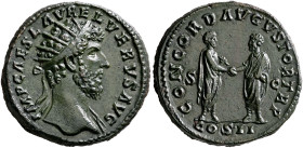 Lucius Verus, 161-169. Dupondius (Orichalcum, 27 mm, 13.35 g, 12 h), Rome, 161. IMP CAES L AVREL VERVS AVG Radiate head of Lucius Verus to right, with...