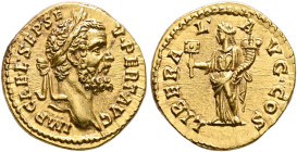 Septimius Severus, 193-211. Aureus (Gold, 20 mm, 7.26 g, 6 h), Rome, 193. IMP CAE•L•SEP•SE-V•PERT•AVG Laureate head of Septimius Severus to right. Rev...