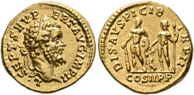 Septimius Severus, 193-211. Aureus (Gold, 20 mm, 7.34 g, 12 h), Rome, 194. L•SEP•SEV•P-ERT•AVG•IMP II Laureate head of Septimius Severus to right. Rev...