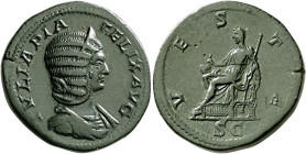 Julia Domna, Augusta, 193-217. Sestertius (Orichalcum, 33 mm, 25.51 g, 12 h), Rome, 215. IVLIA PIA FELIX AVG Diademed and draped bust of Julia Domna t...