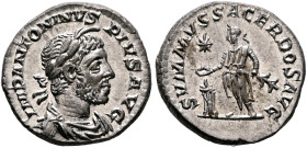 Elagabalus, 218-222. Denarius (Silver, 18 mm, 3.85 g, 6 h), Rome, 221-222. IMP ANTONINVS PIVS AVG Laureate and draped bust of Elagabalus to right, wea...